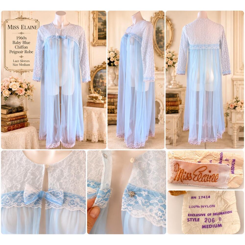 Vintage Miss Elaine 1960s Baby Blue Chiffon Peignoir Robe Lace Sleeves Medium - Picture 3 of 12